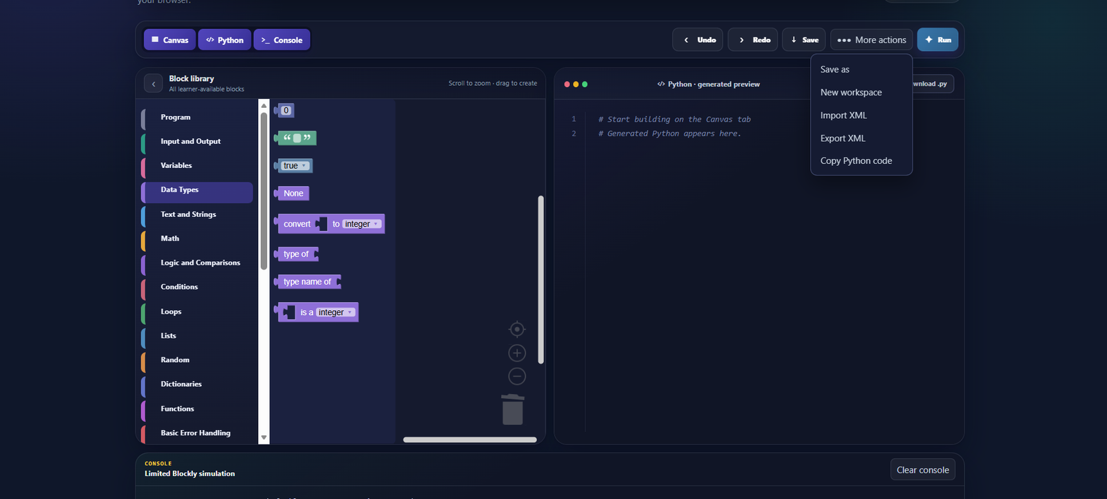PuzzlePy Blockly playground with workspace controls